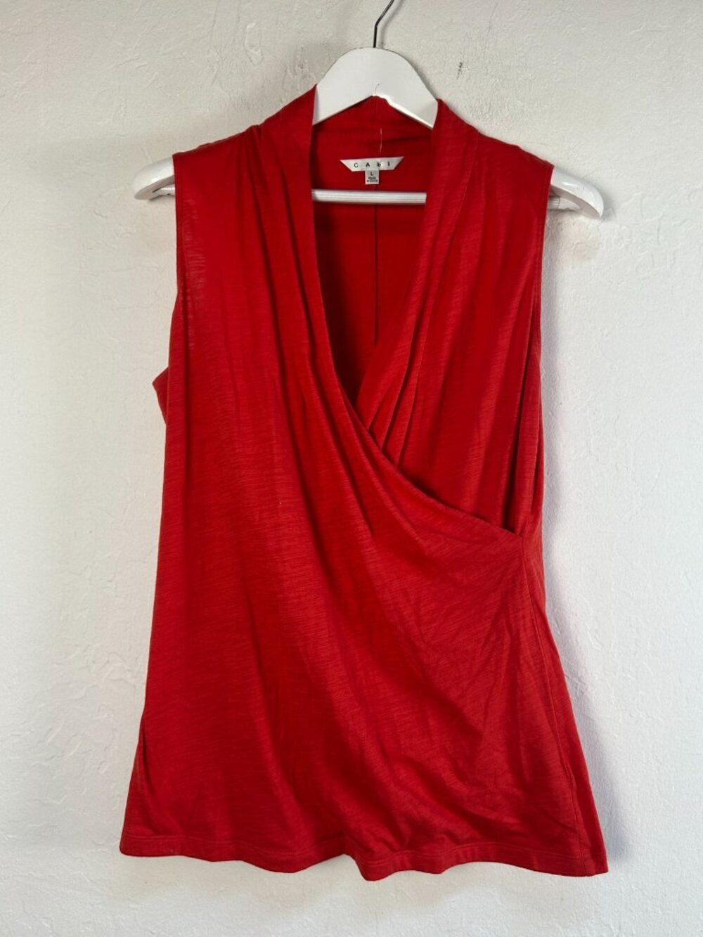 Cabi #115 Womens Red Coral Faux Wrap Crossover Sleeveless Top Blouse Large NWOT